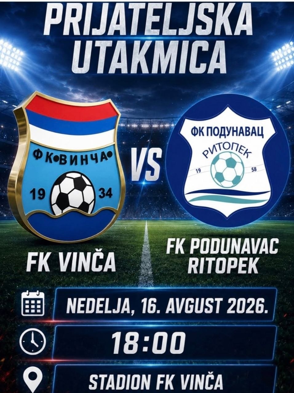 Fudbalska nedelja na stadionu Vinče: Stiže FK Podunavac Ritopek