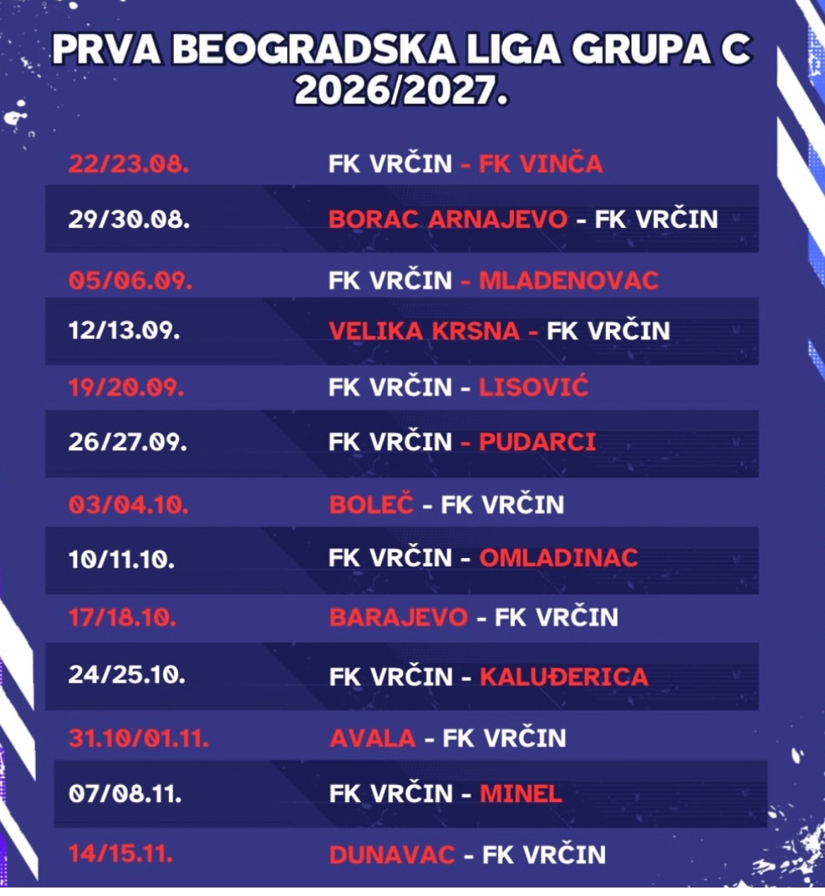 Raspored jesenje dela sezone FK Vrčin
