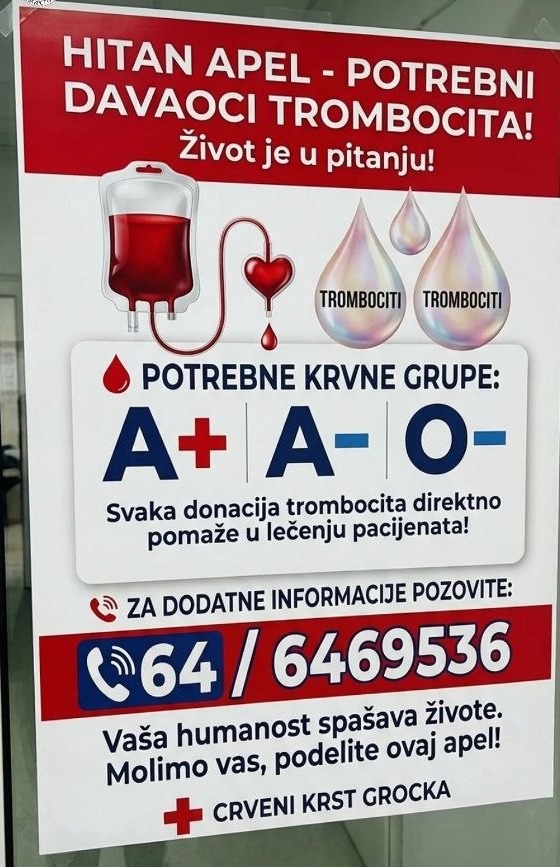 Crveni krst Grocka uputio je hitan apel za davaoce trombocita