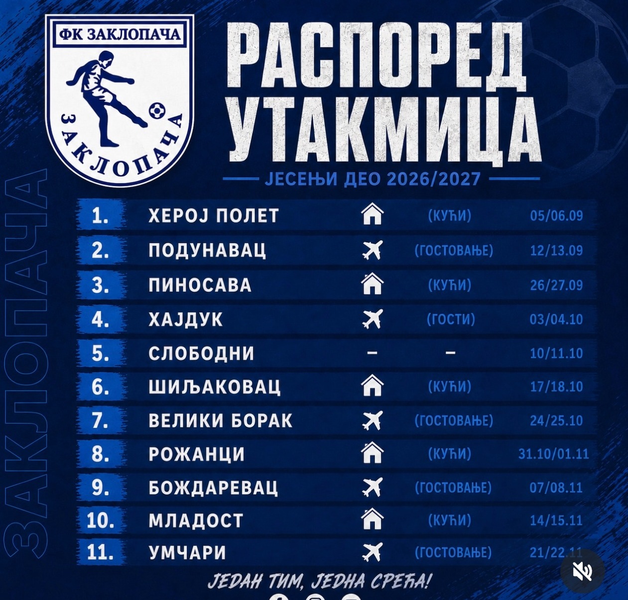 Raspored utakmica FK Zaklopača